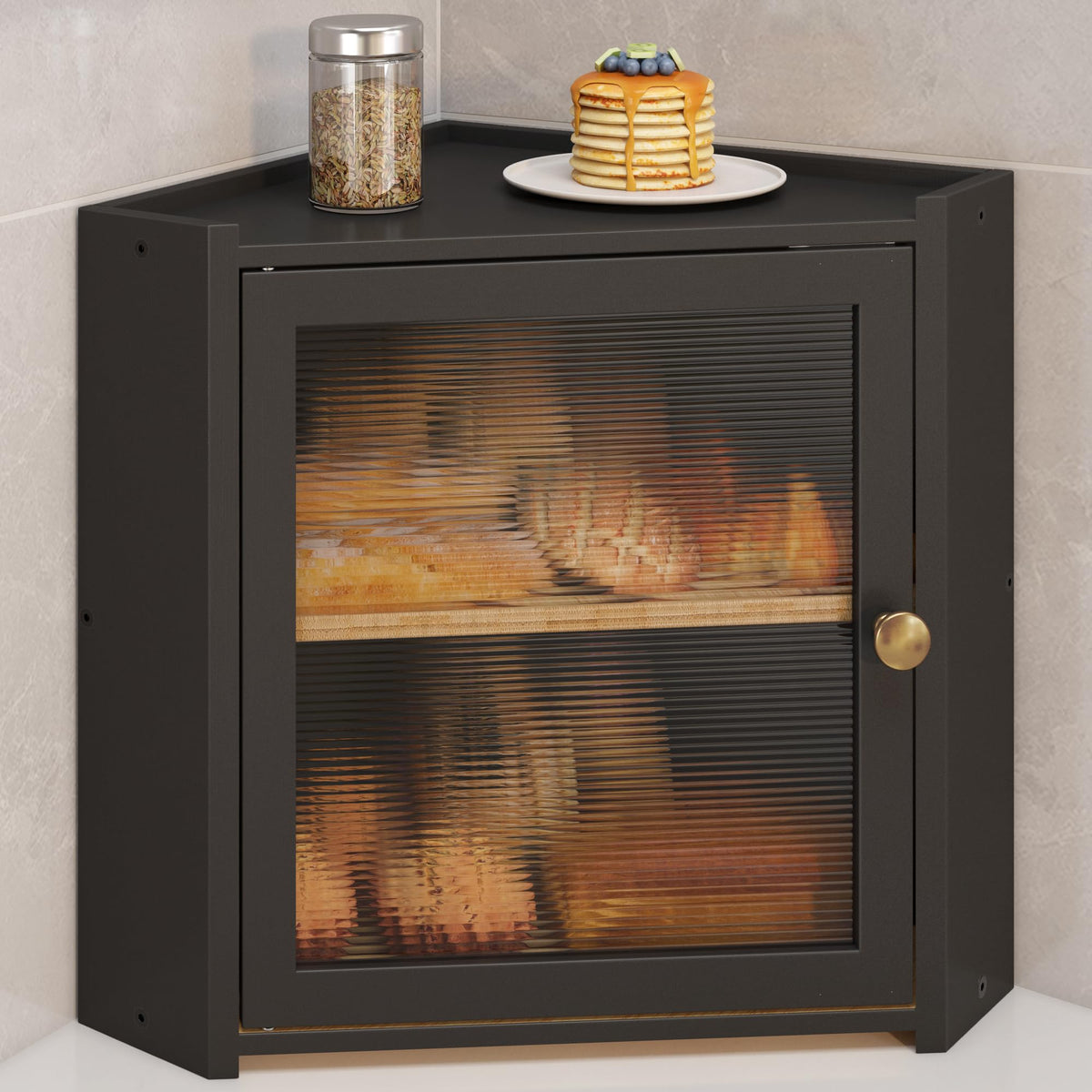 JANSNIMEN Corner Bread Box two-tier wood design with window for easy monitoring of freshness.