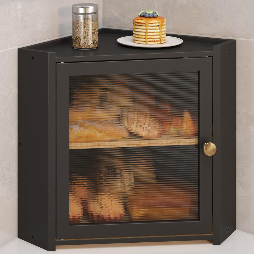 JANSNIMEN Corner Bread Box two-tier wood design with window for easy monitoring of freshness.