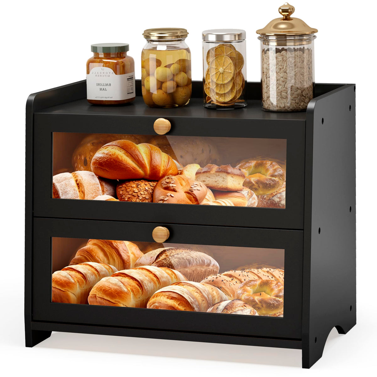 JANSNIMEN bread box with acrylic door keeps bread visible and protected on the countertop.