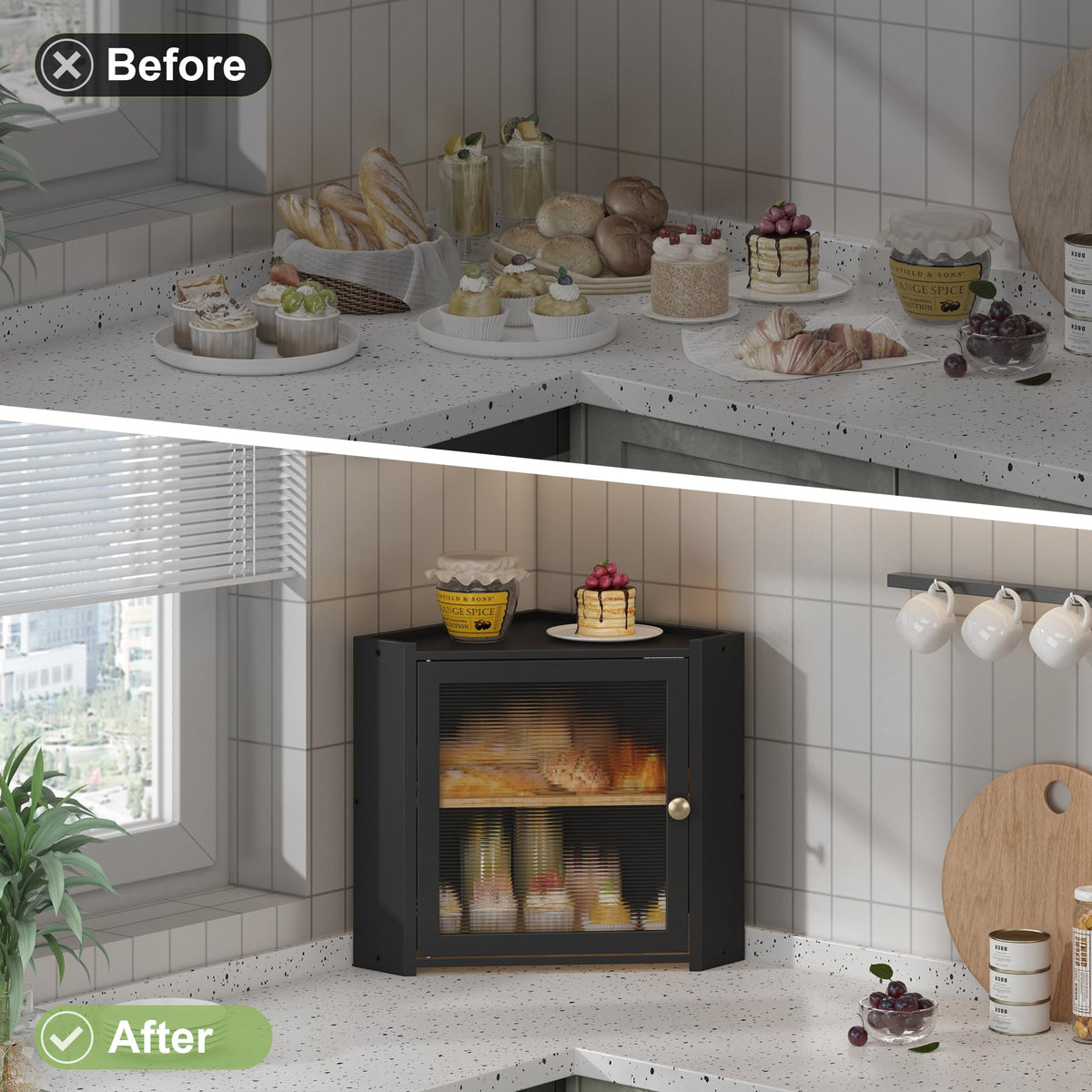 JANSNIMEN multifunction storage for bread, fruits, spices, and bowls.