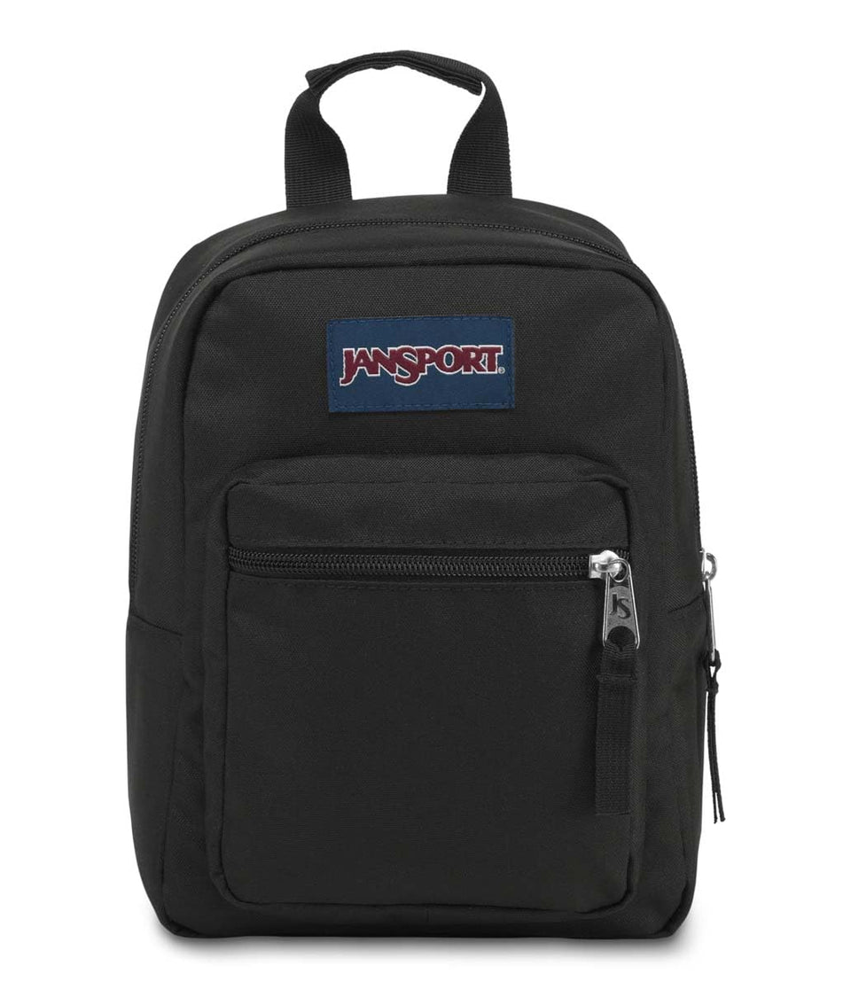 JanSport Big Break insulated lunch bag in black with zip pocket for utensils.
