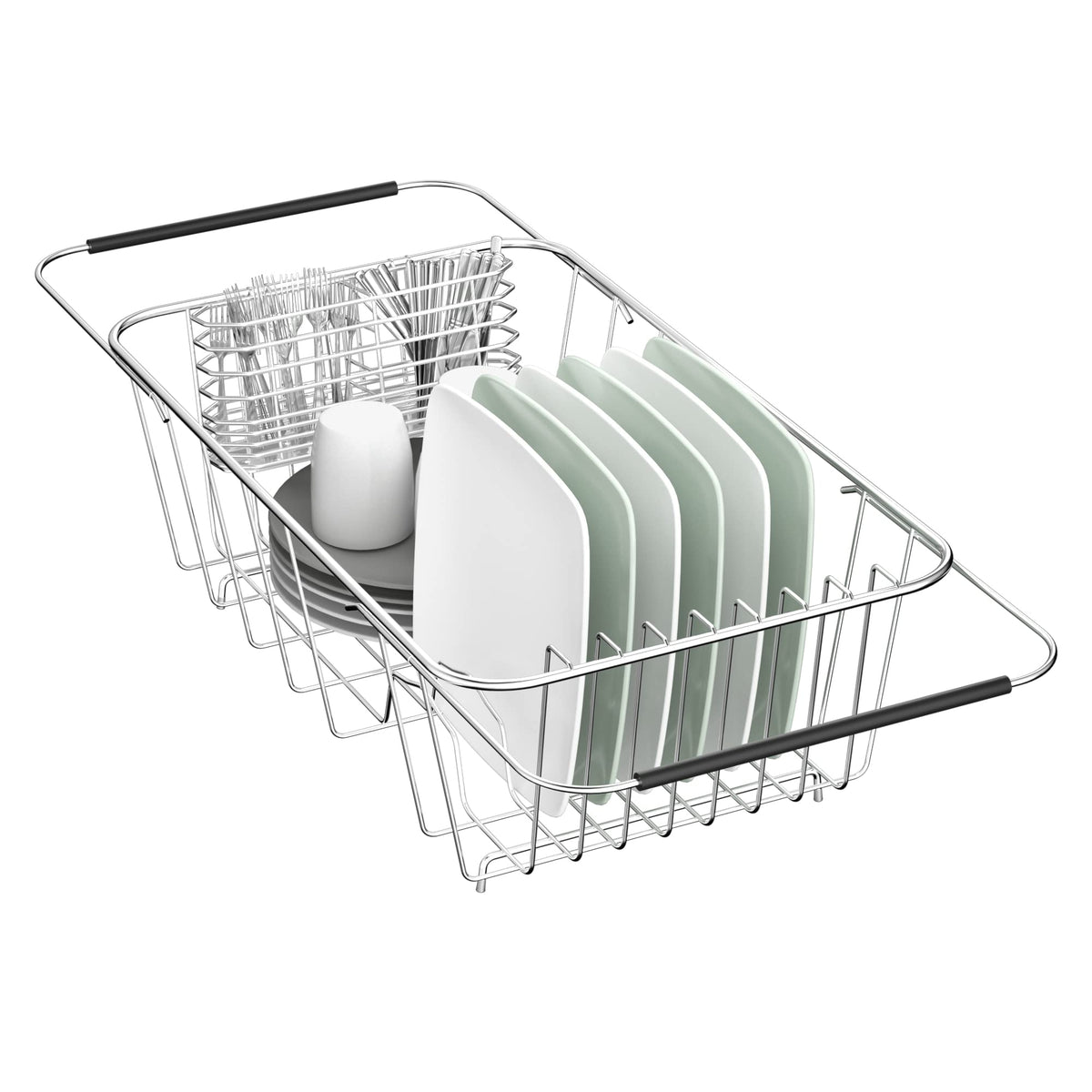 JAQ over-sink dish drying rack—compact setup saves counter space.