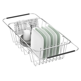 JAQ over-sink dish drying rack—compact setup saves counter space.