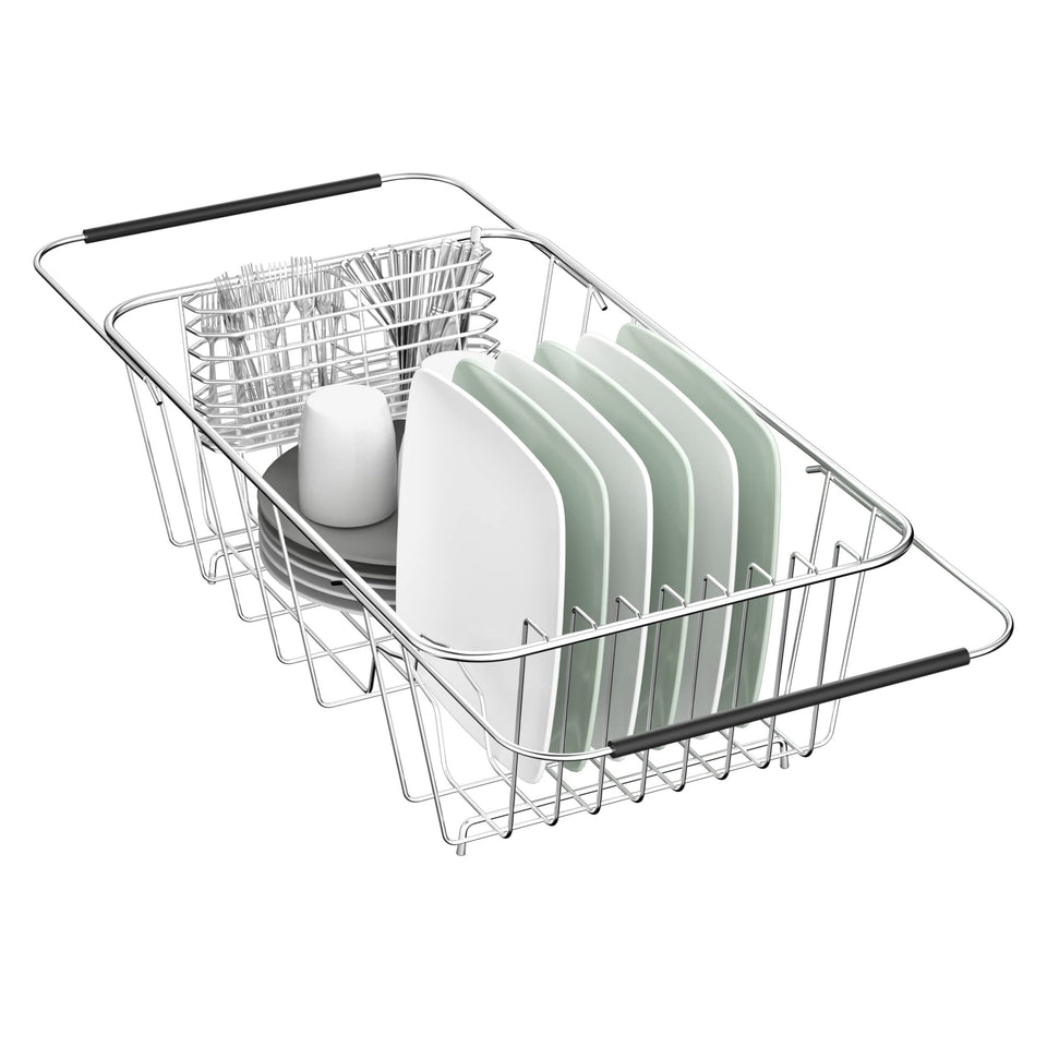 JAQ over-sink dish drying rack—compact setup saves counter space.