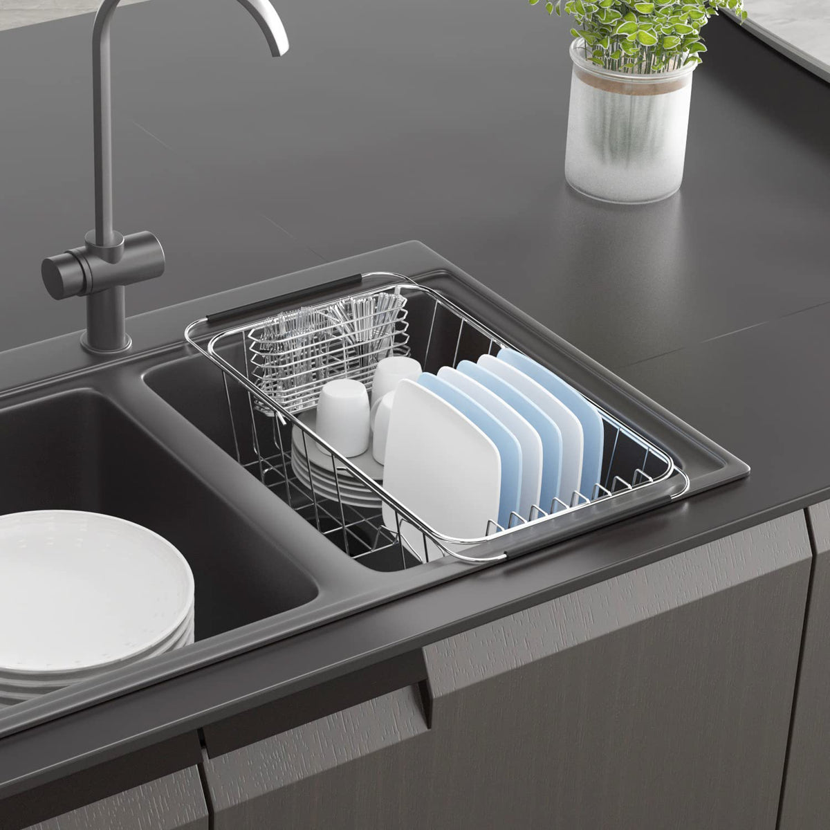 JAQ over-sink dish drying rack expanded to 22.44 inches for larger loads.
