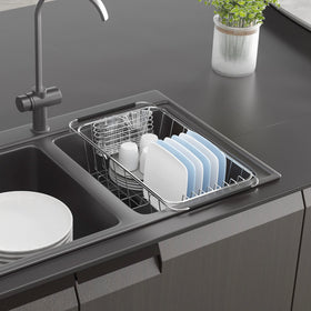 JAQ over-sink dish drying rack expanded to 22.44 inches for larger loads.