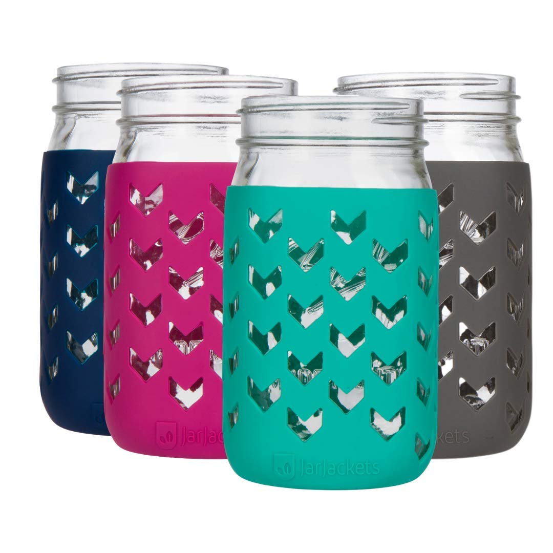 JarJackets multicolor silicone sleeve on a 32oz mason jar improves grip and style.