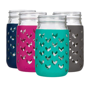 JarJackets multicolor silicone sleeve on a 32oz mason jar improves grip and style.