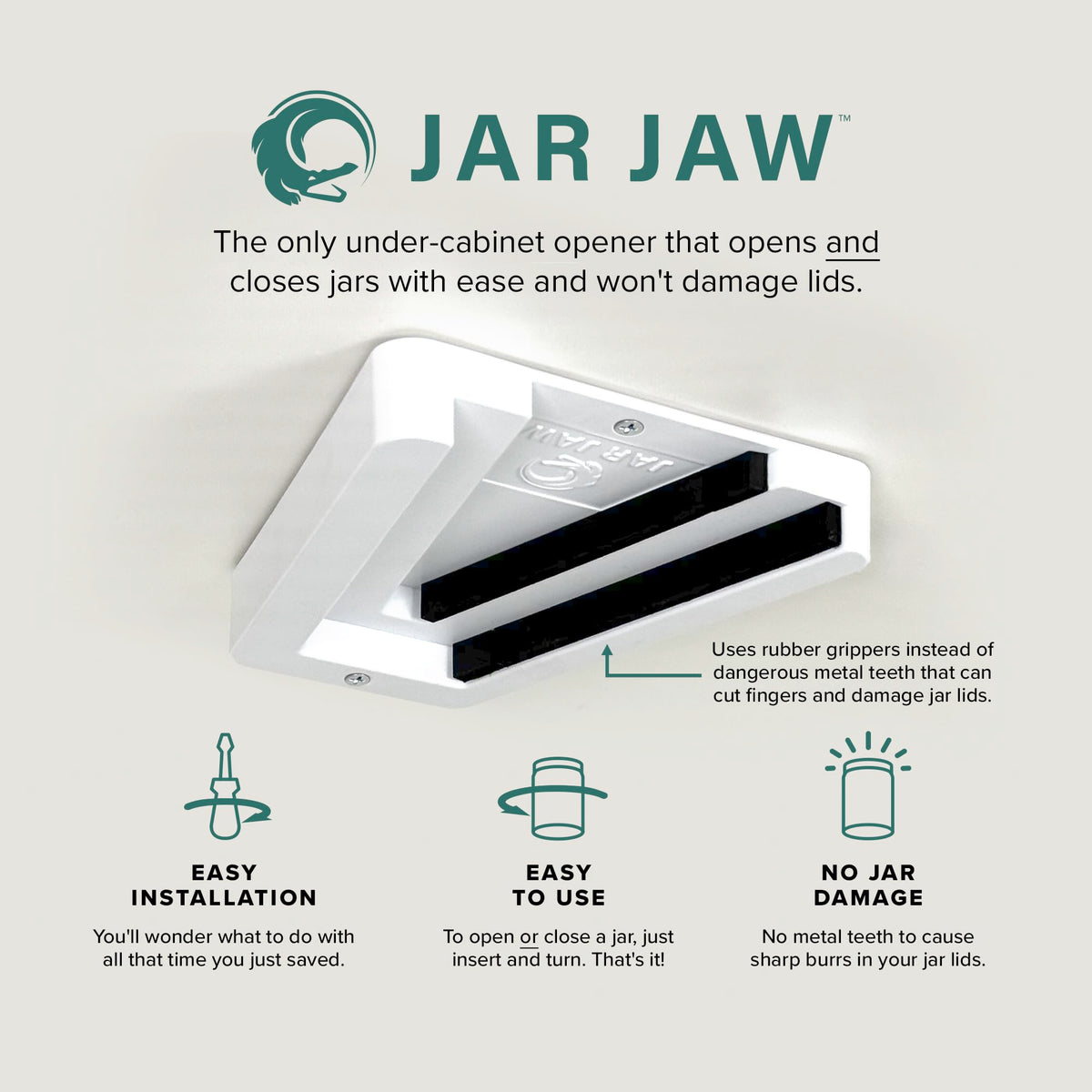 Jar Jaw grip close-up shows soft rubber surface on lid for safe opening
