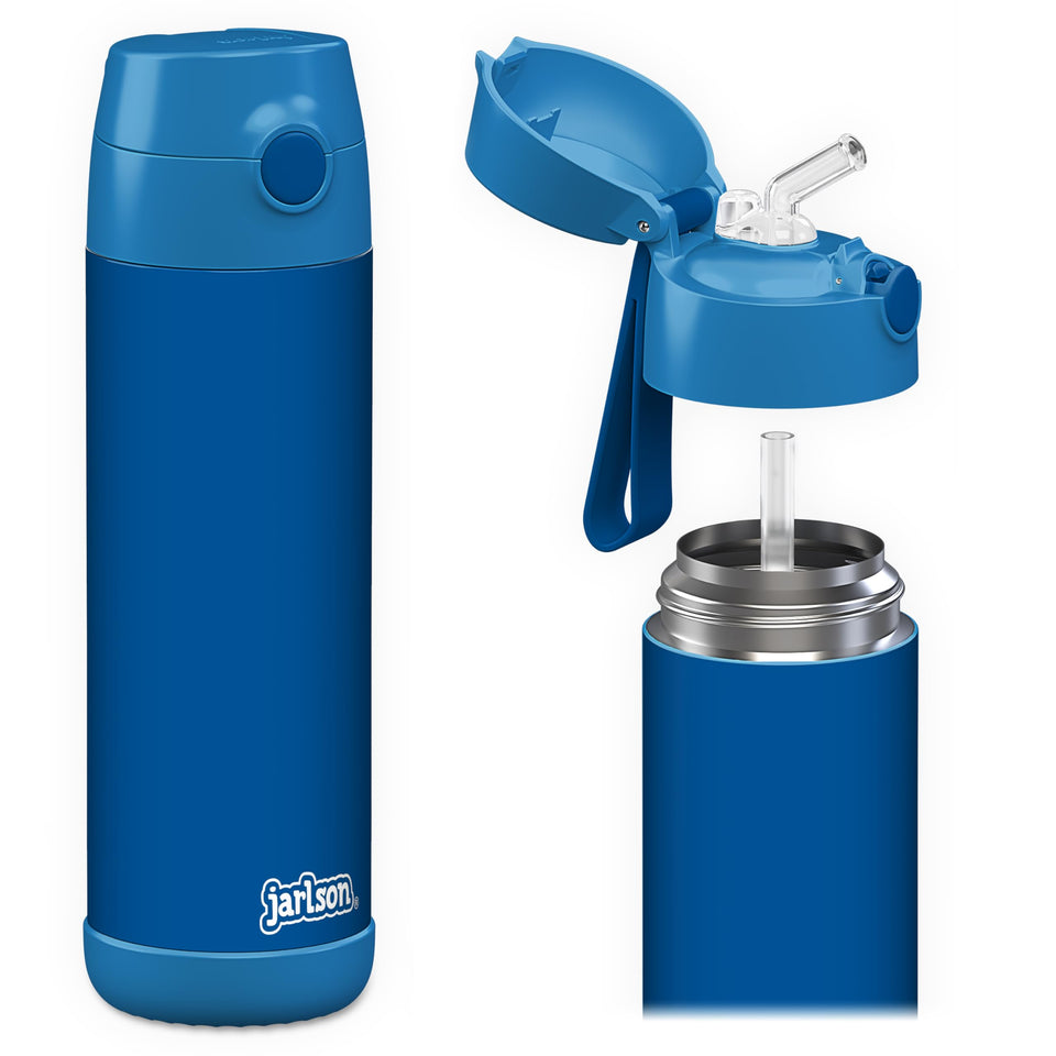 Jarlson Charli 18oz blue bottle front view with straw for easy drinking