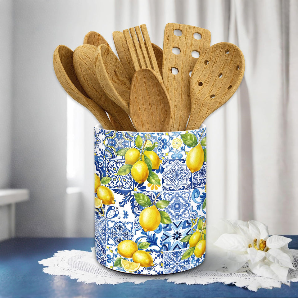 JarThenaAMCS Capri Lemon ceramic utensil holder on counter with blue tile pattern for organized tools