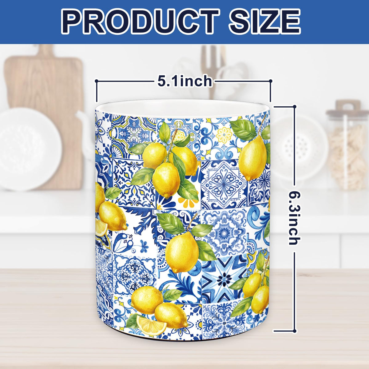 JarThenaAMCS Capri Lemon ceramic holder side view keeps utensils upright and accessible