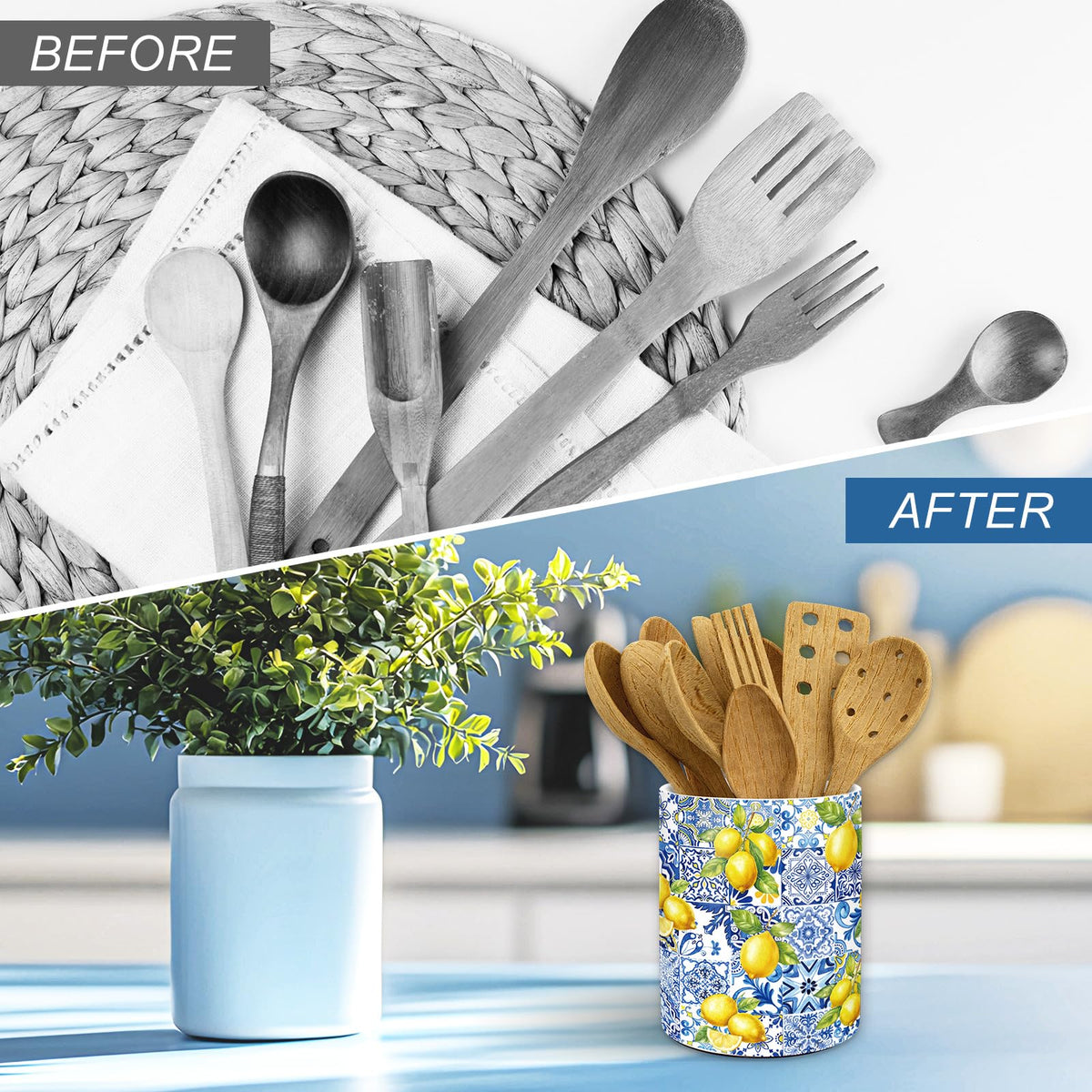 JarThenaAMCS Capri Lemon utensil holder on a kitchen countertop for storage