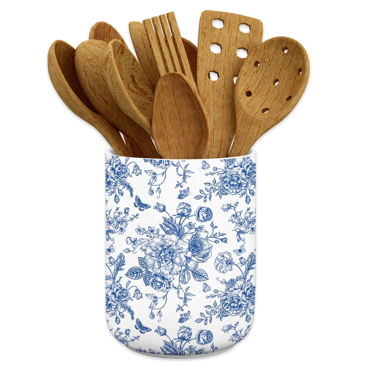 JarThenaAMCS utensil holder with blue flowers keeps countertops organized.