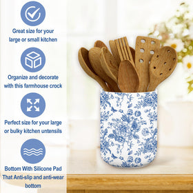 JarThenaAMCS blue flower utensil holder reinforces kitchen organization and accessibility.
