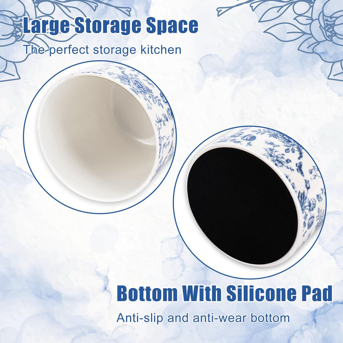 JarThenaAMCS chinoiserie ceramic utensil holder stores spoons and ladles neatly on the counter.