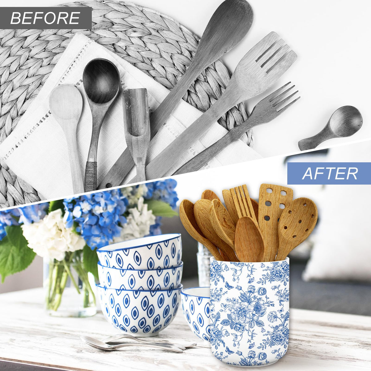 JarThenaAMCS porcelain utensil crock adds elegant blue-and-white flair to any kitchen.