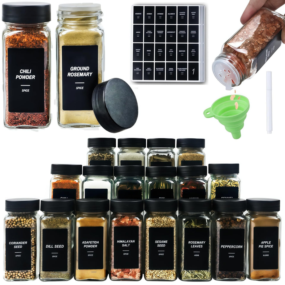JarXSUN 24-piece spice jars with labels for quick identification.
