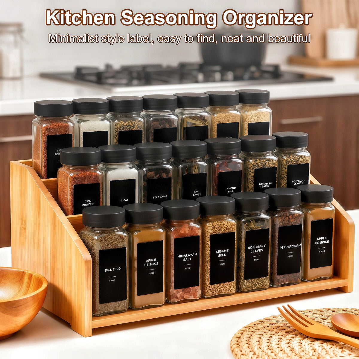 JarXSUN 4oz black shaker lids on square glass jars for easy seasoning.