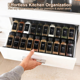 JarXSUN square glass spice jars organized on a rack.