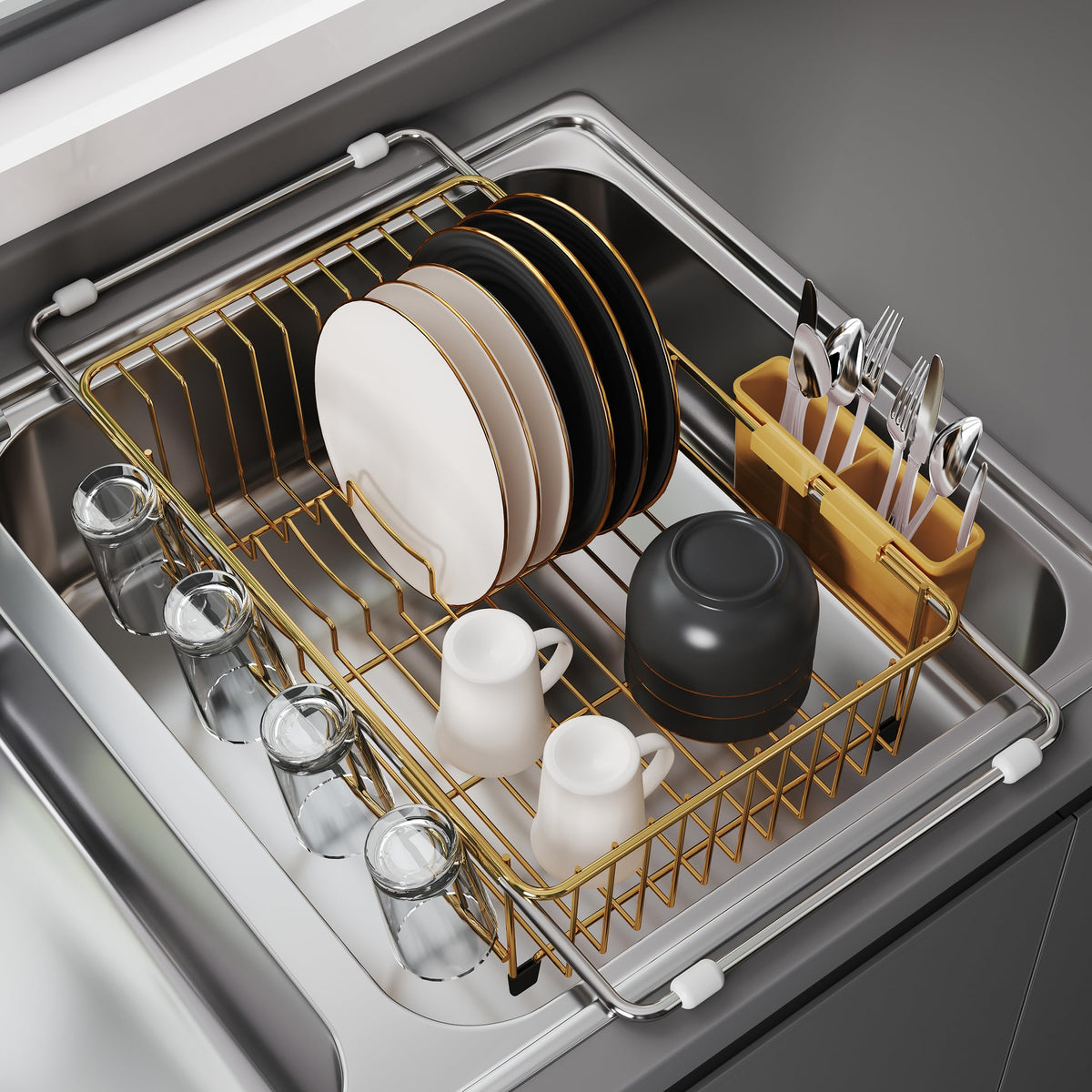 JASIWAY Gold in-sink dish drying rack, assembled for flexible countertop use.