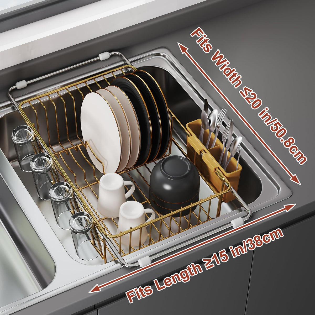 Compact JASIWAY Gold rack on a counter with plates and bowls.