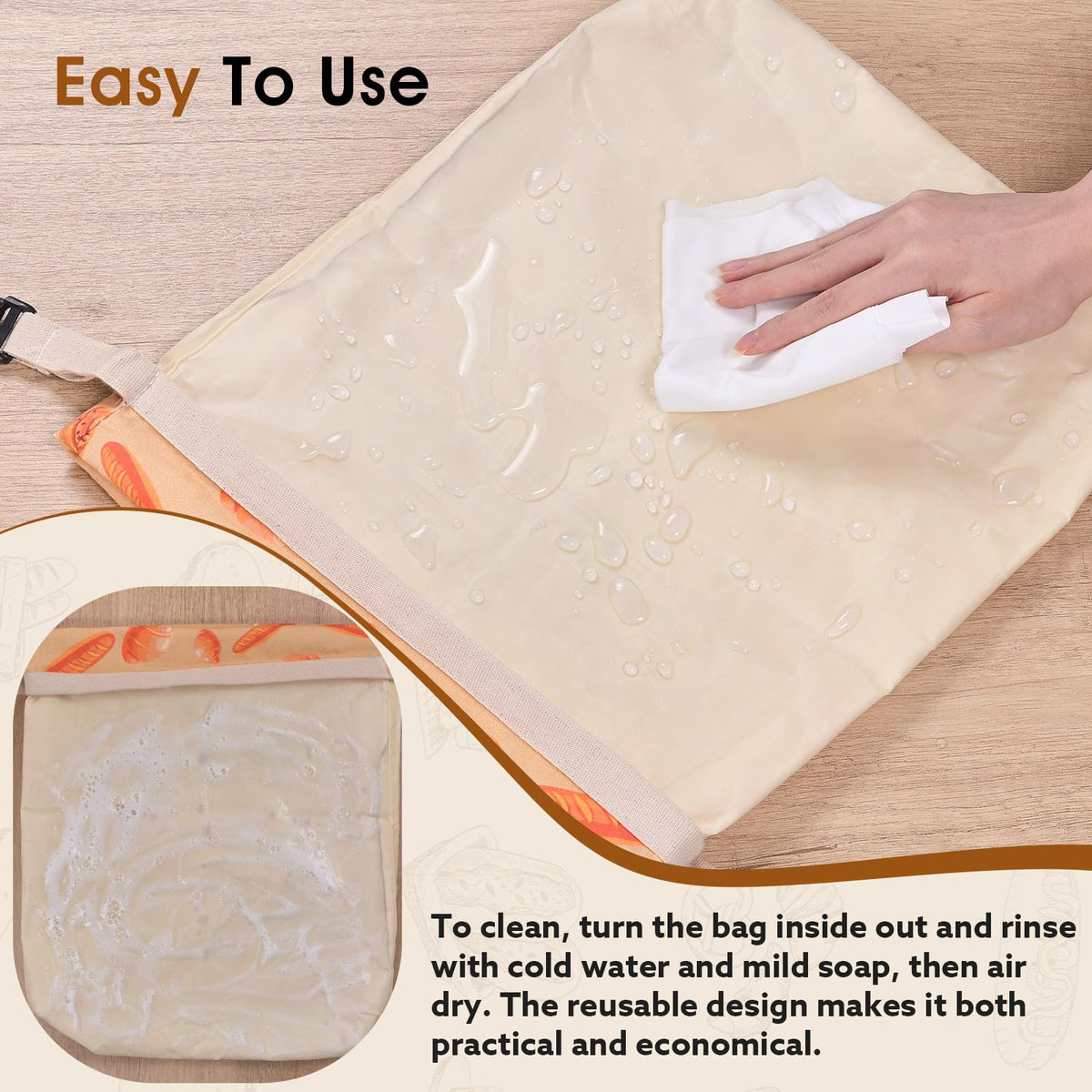 Jasiboona bag being wiped clean demonstrates easy maintenance and reuse.