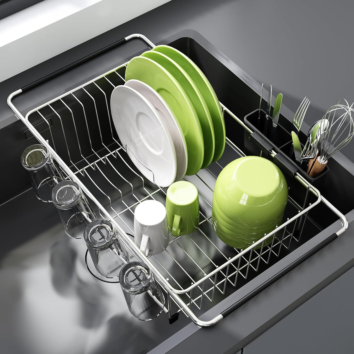 JASIWAY in-sink expandable dish drying rack saves counter space and boosts drying efficiency.
