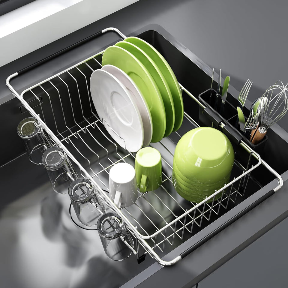 JASIWAY in-sink expandable dish drying rack saves counter space and boosts drying efficiency.