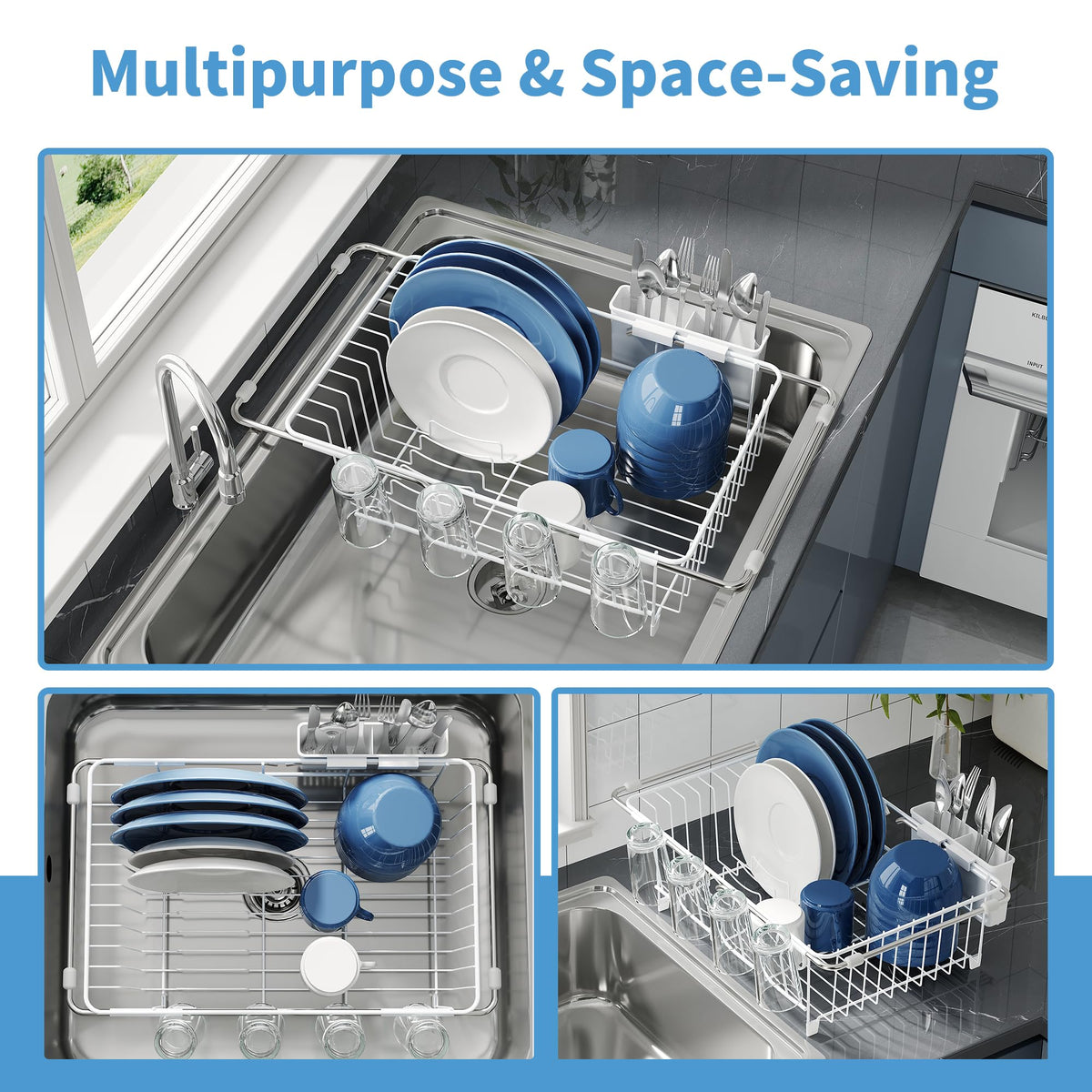 JASIWAY dish drying rack over sink extended showing extra capacity and airflow