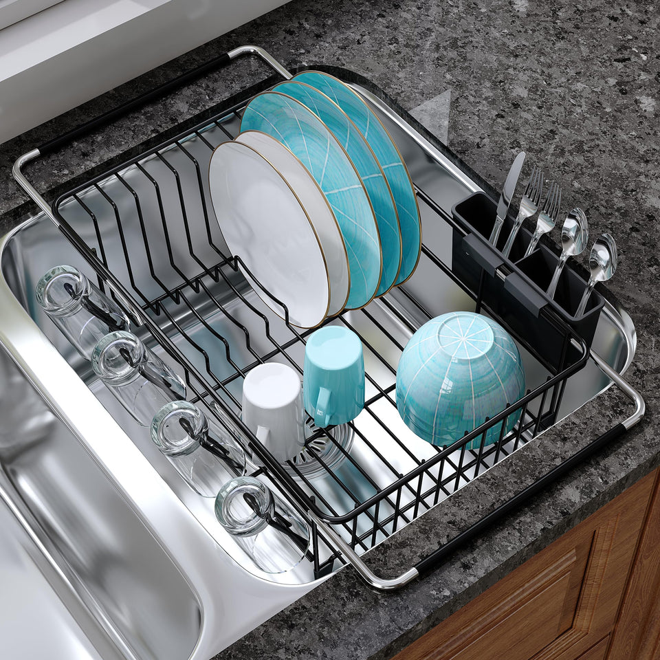 JASIWAY dish drying rack over sink in stainless steel black with expandable, space-saving design for small kitchens