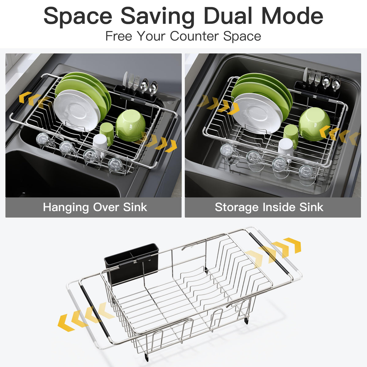 JASIWAY over-sink dish drainer with utensil holder keeps utensils organized and dry.