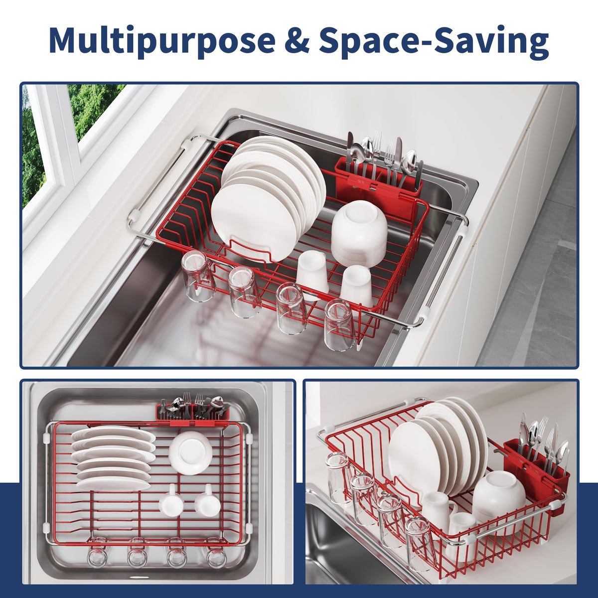 JASIWAY expandable dish rack over sink with adjustable bars for varied loads.