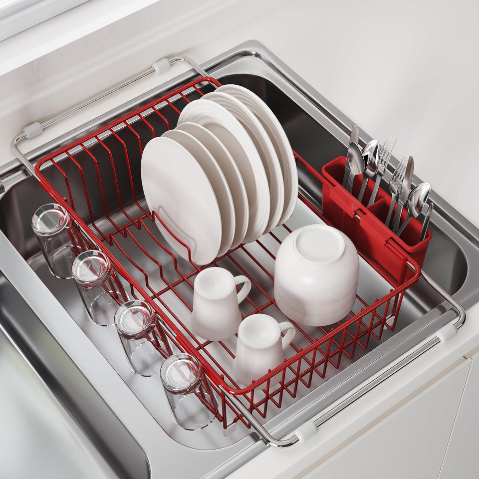 JASIWAY red in-sink dish drying rack over sink, space-saving design for small kitchens.