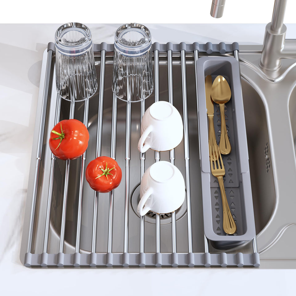 JASIWAY roll-up rack extended in sink showing adjustable length for different sinks