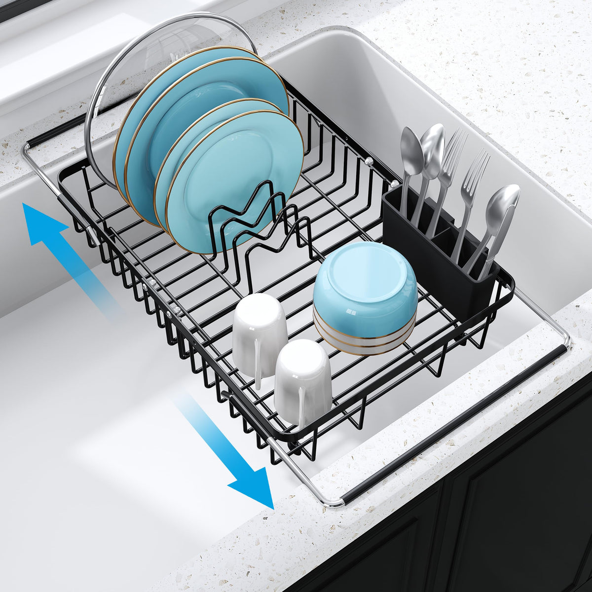 JASIWAY expandable over-sink dish rack for clutter-free countertops and direct drainage