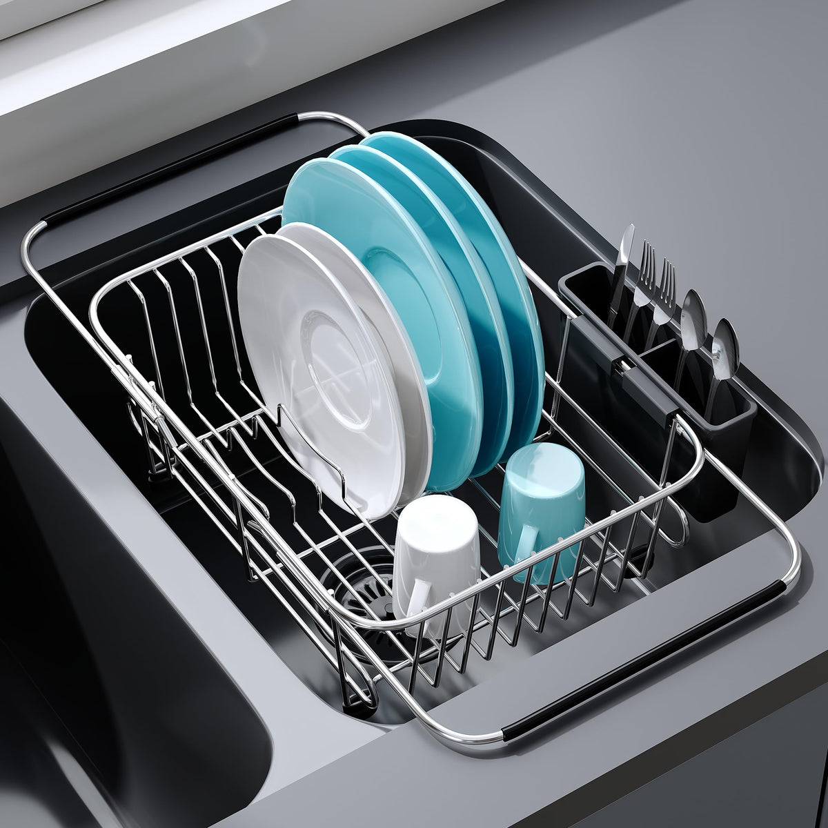 JASIWAY over-sink dish drainer rack in stainless steel keeps dishes dry efficiently.