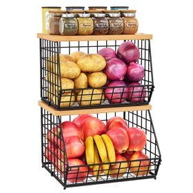 Jautokerdar 2-set stackable wire basket with wooden tops for organized fruit storage