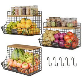 Jautokerdar three-pack extra large fruit baskets with wood lid for kitchen organization