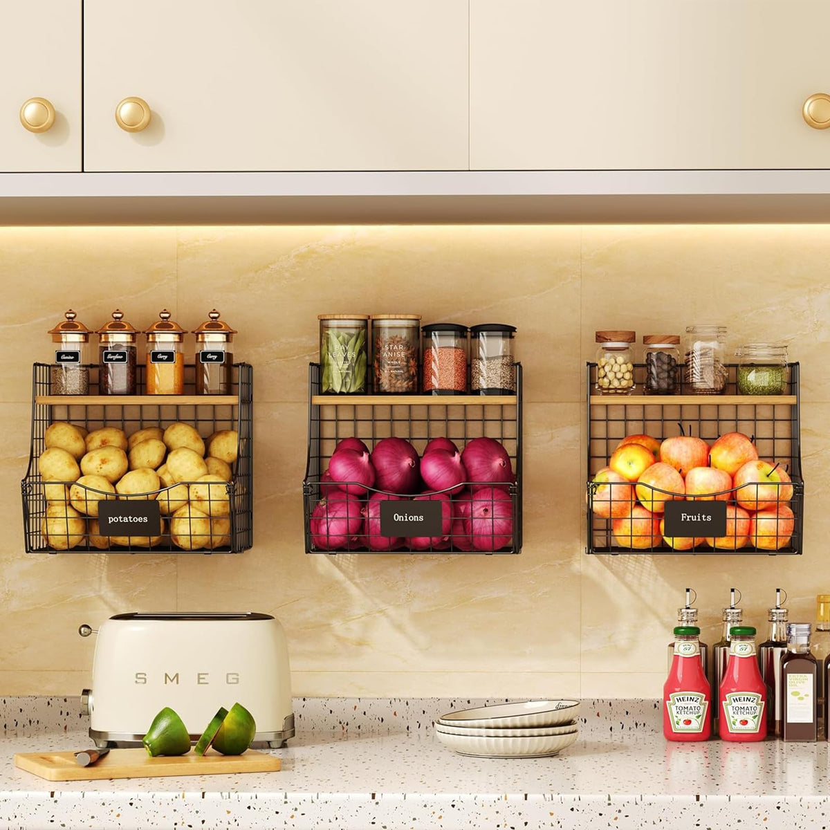 Jautokerdar three-basket wire fruit set with wood lids on a kitchen counter for organized storage.