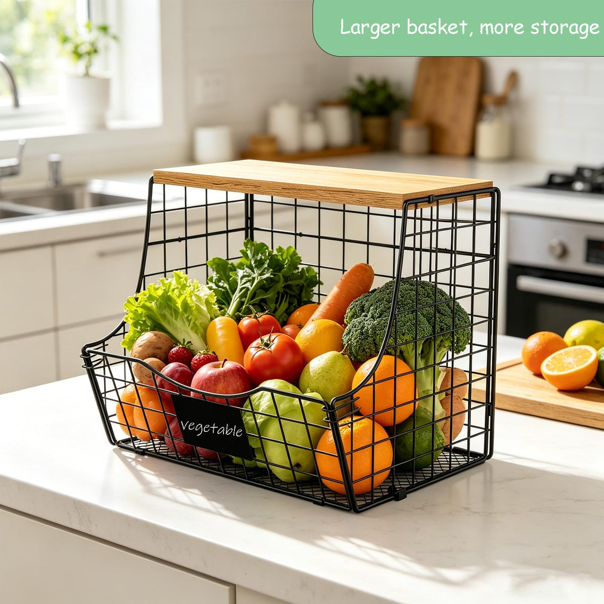 Jautokerdar wall-mounted fruit basket showcases a nameplate for easy labeling.