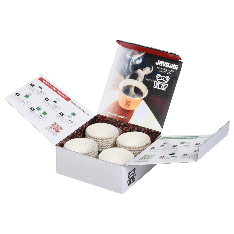 JavaJig reusable coffee filters in packaging, highlighting eco-friendly design for everyday brewing.