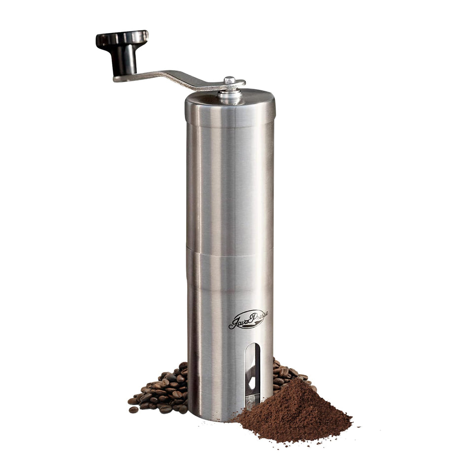JavaPresse manual grinder with stainless steel body and crank for fresh coffee on the go.