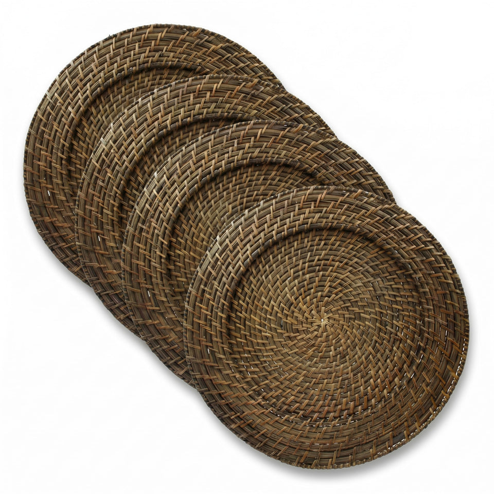 ChargeIt by Jay Import round brown rattan charger set for upscale events.