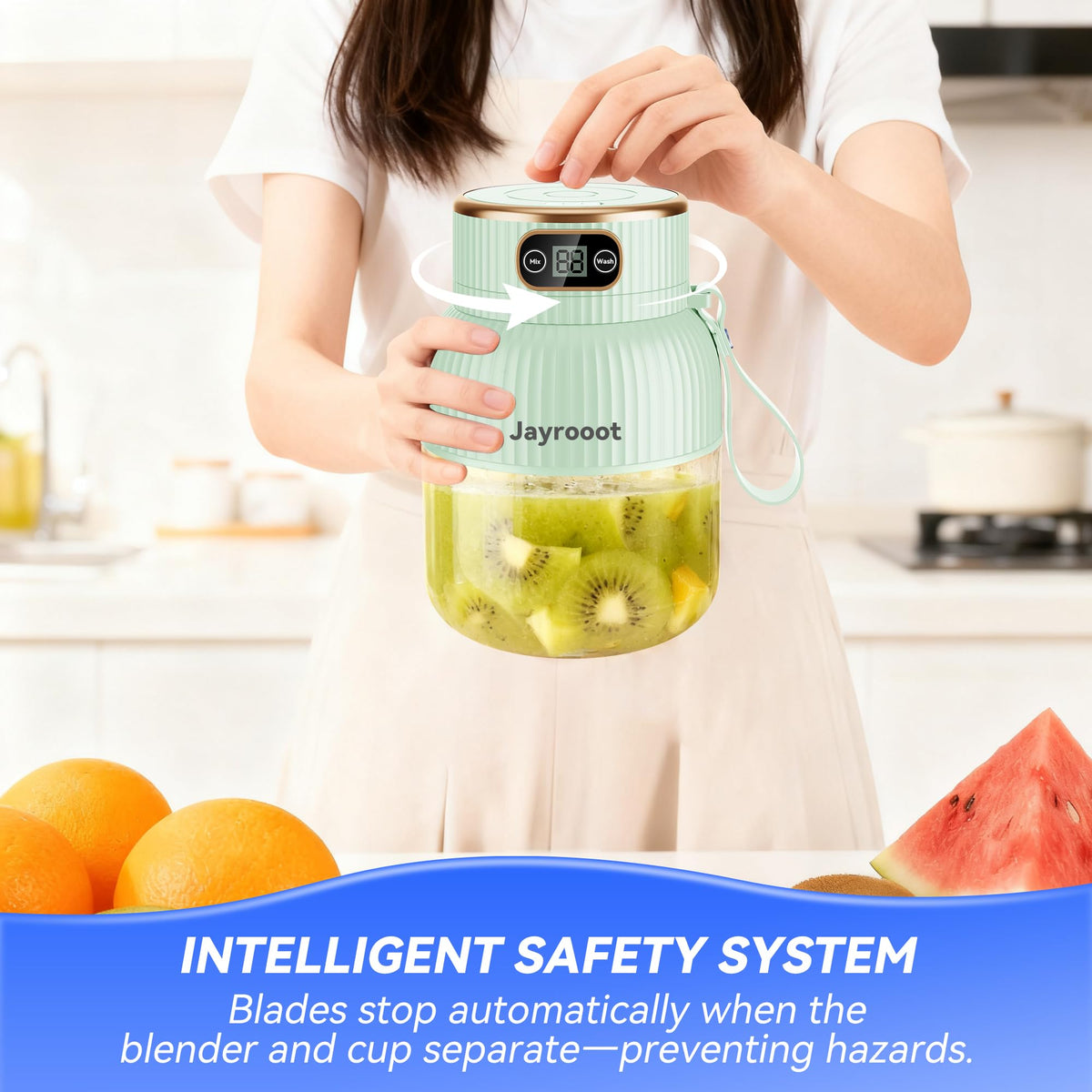 Jayrooot portable blender with carry strap for travel and gym.