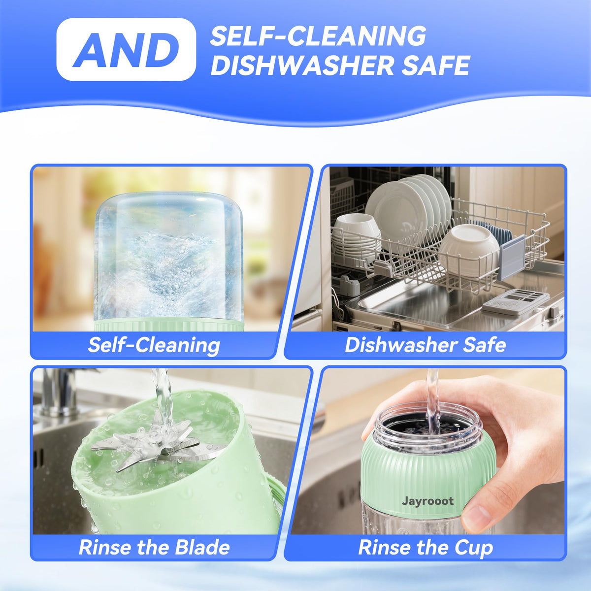 Jayrooot safety lid keeps blades secure during blending.