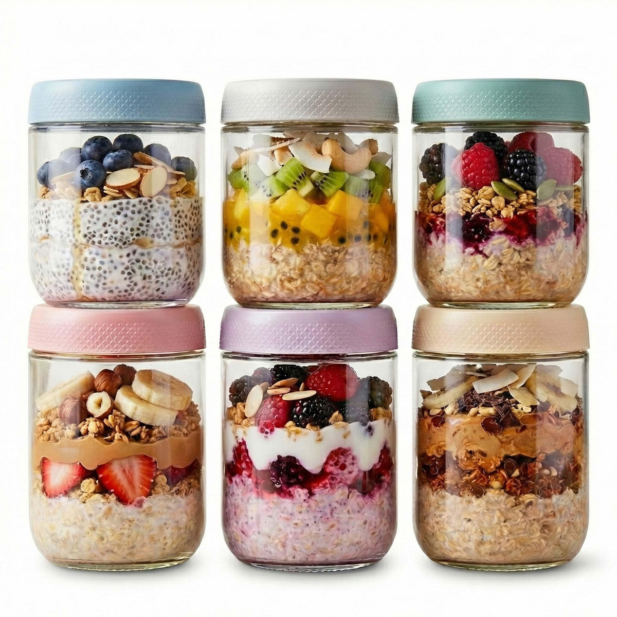 JBHO 6-pack overnight oats containers with 16oz jars for meal-prep convenience.