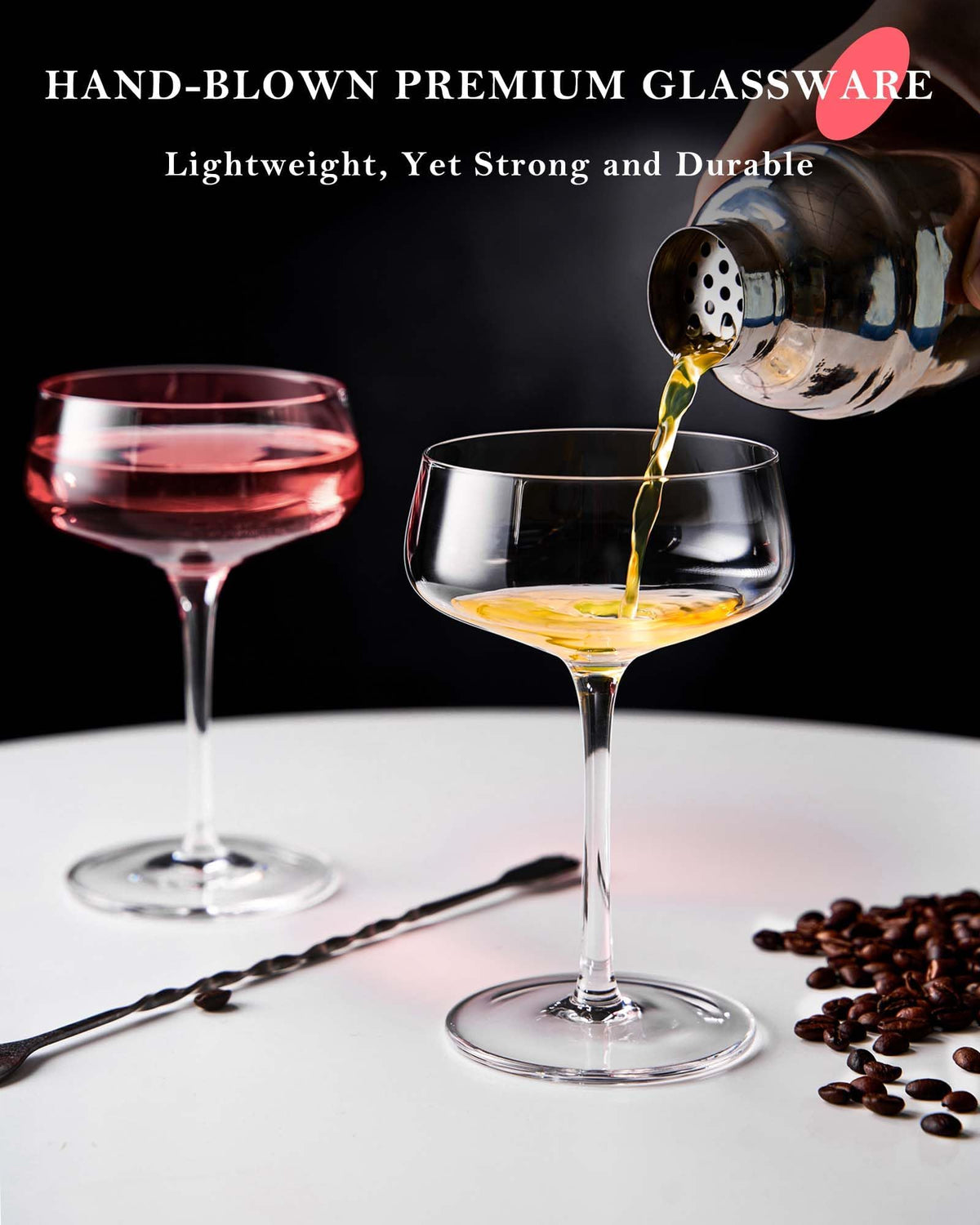 JBHO Crystal coupe glasses with long stems for a refined presentation.