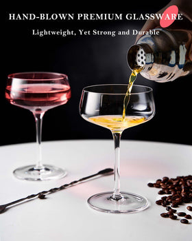 JBHO Crystal coupe glasses with long stems for a refined presentation.