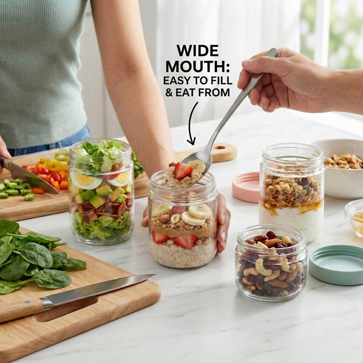 JBHO dishwasher-safe glass jars for quick, hassle-free cleanup.